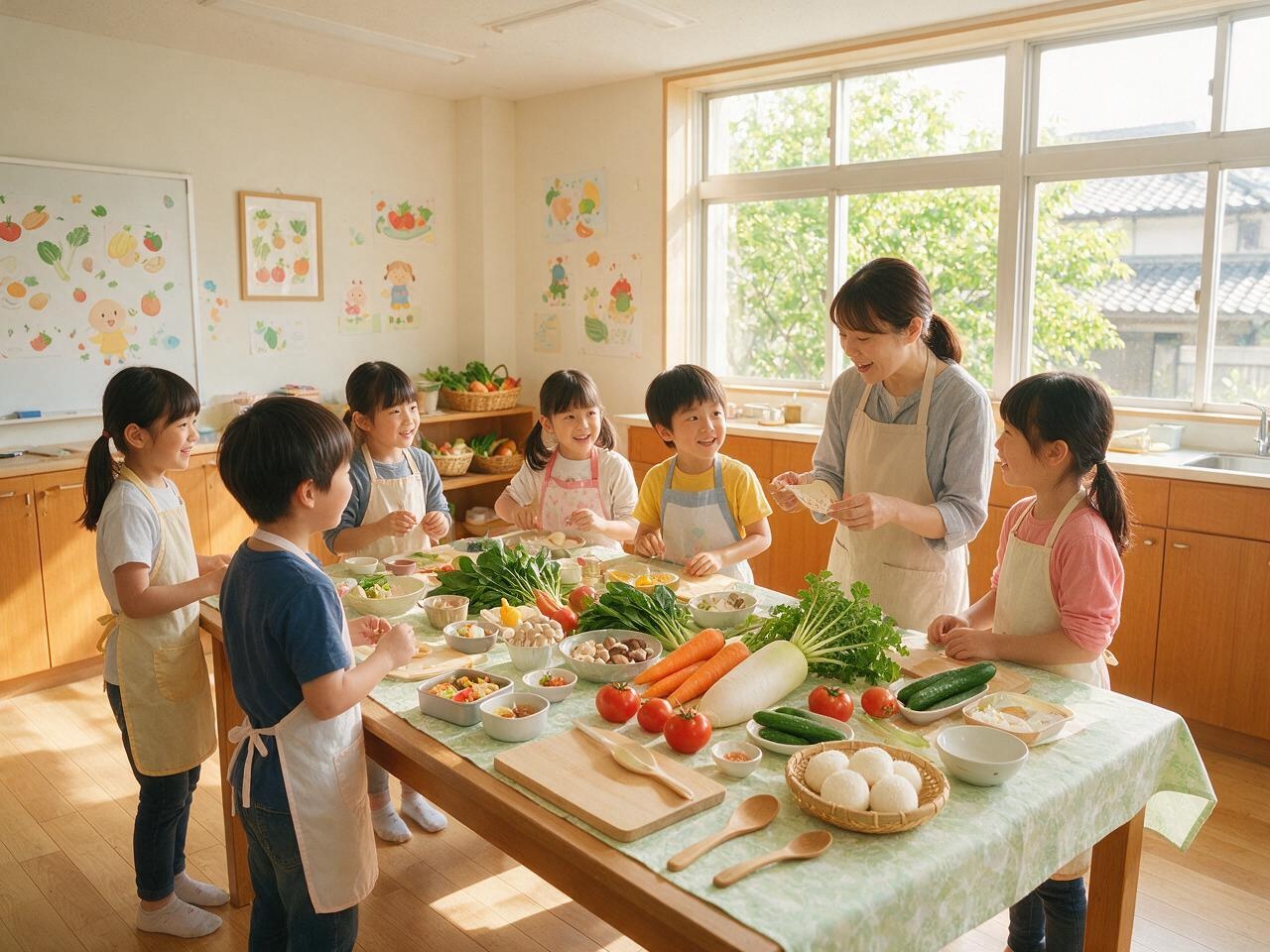 日本の子どもたちがエプロン姿で先生と一緒に食育の授業をしている様子