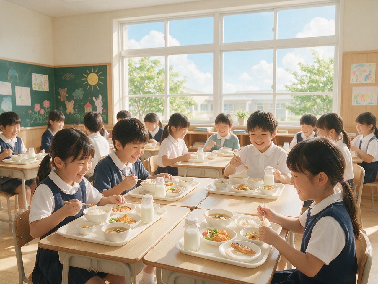 日本の小学生たちが教室で給食を笑顔で食べている様子